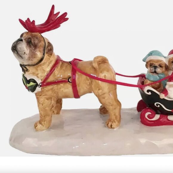 NWT Blue Sky Clayworks Christmas Dog Pug Reindeer Pulling Sleigh Ceramic Figure - Picture 2 of 11